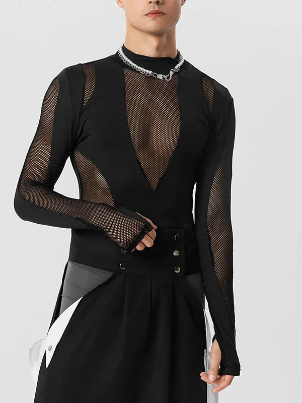 Mens Mesh Patchwork Half-Collar Bodysuit SKUK05972 sold by Incerunmen