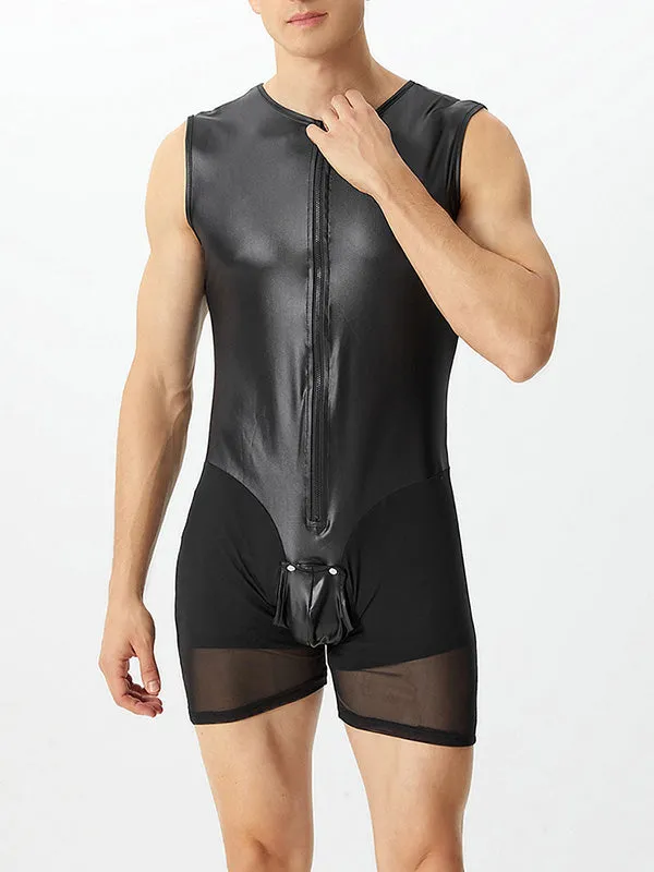 Mens PU Leather Mesh Patchwork Bodysuit SKUJ91189 sold by Incerunmen