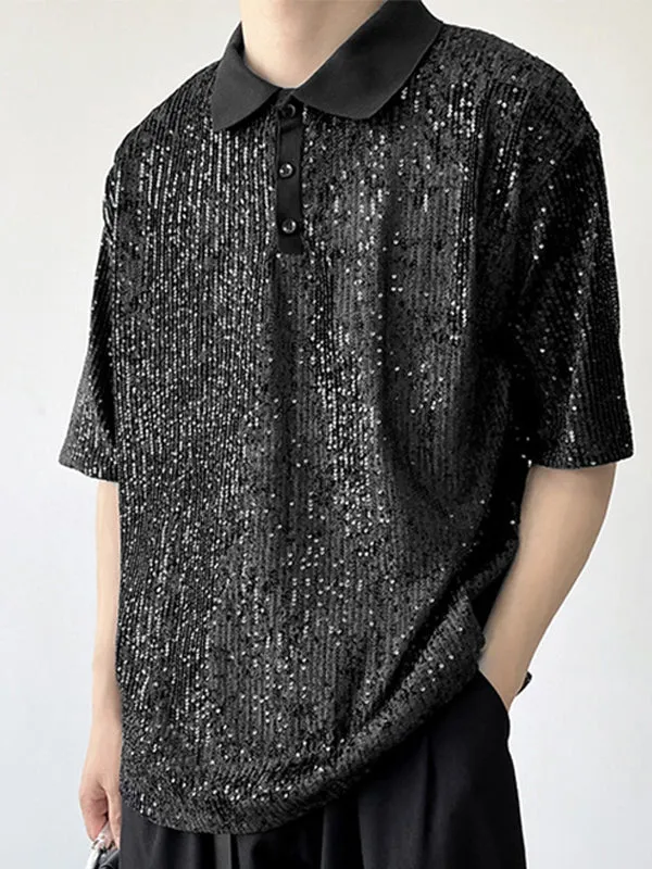 Mens Sequin Sparkle Glitter Patchwork Polo Shirt SKUJ37726 sold by Incerunmen