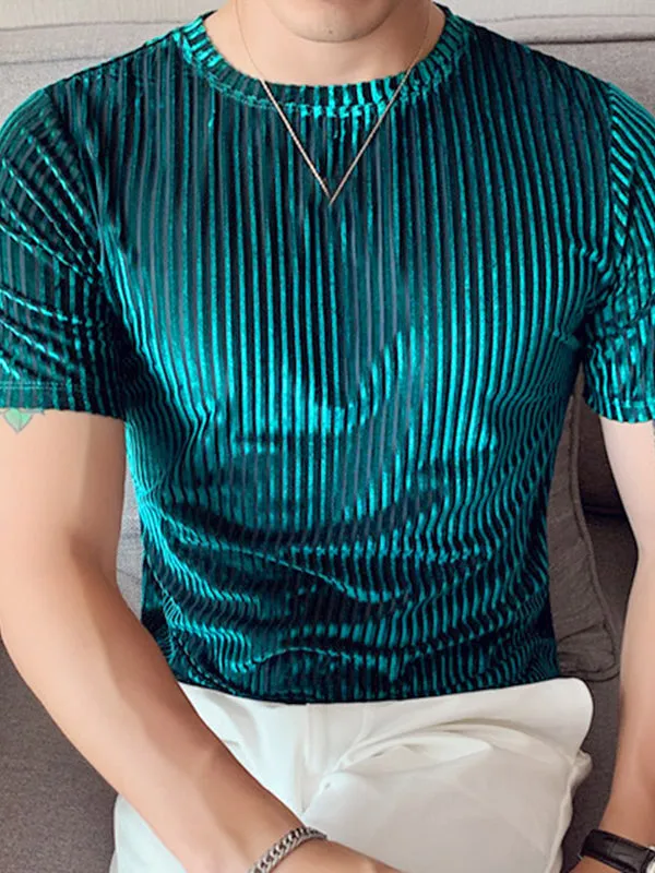 Mens Velvet Striped Round Neck Casual T-shirts SKUI87788 sold by Incerunmen