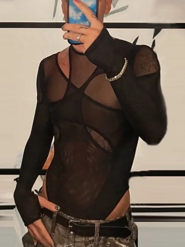Mens Irregular Mesh Long-sleeved Triangle Bodysuit SKUI69689 sold by Incerunmen