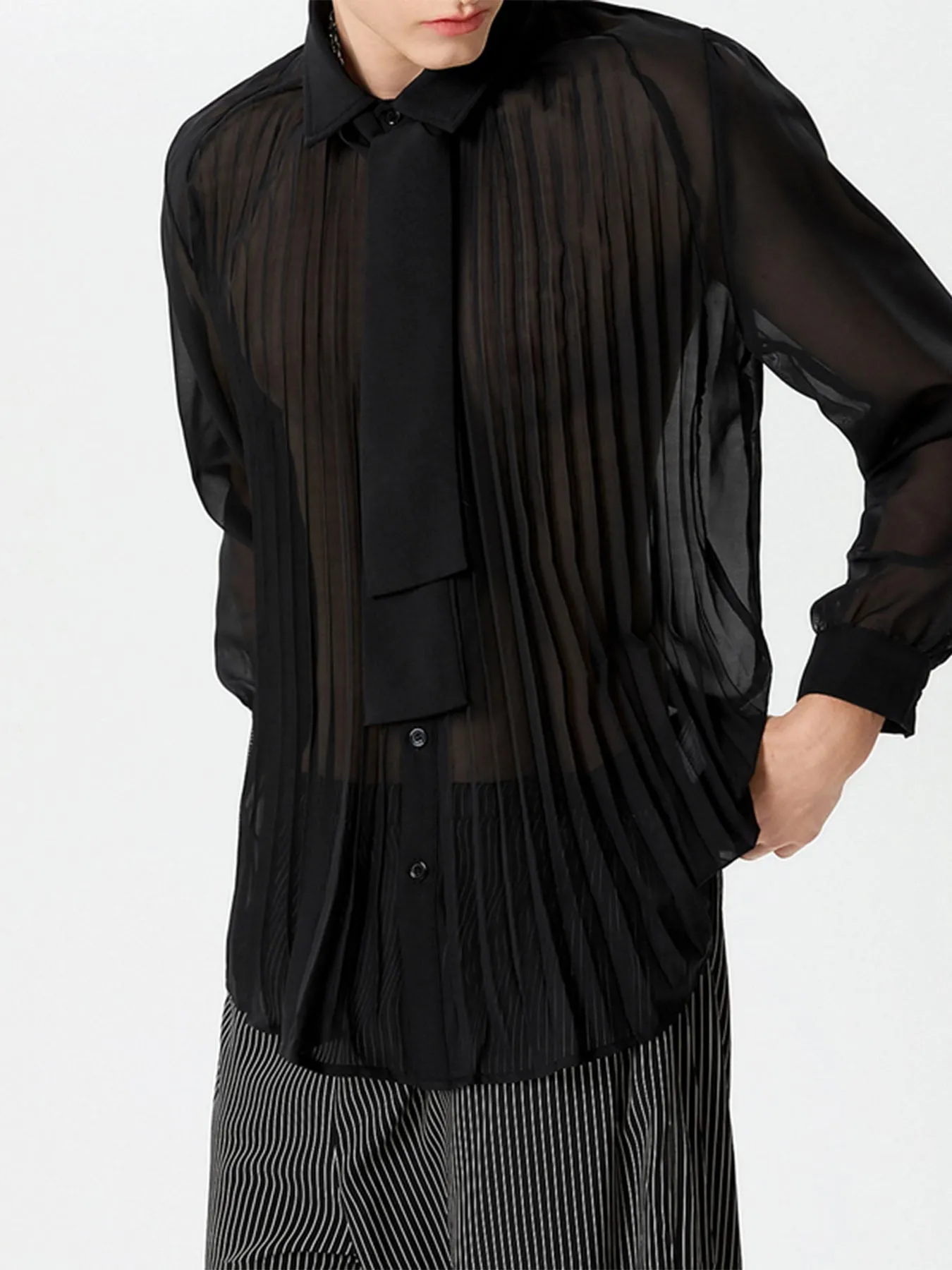 INCERUN Mens Casual Tie See-through Pleated Shirts SKUI12973 sold by Incerunmen product image thumbnail 3