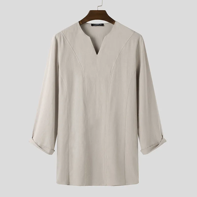 Mens V-Neck Linen Long Sleeve T-Shirts SKUF72896 sold by Incerunmen product image thumbnail 4