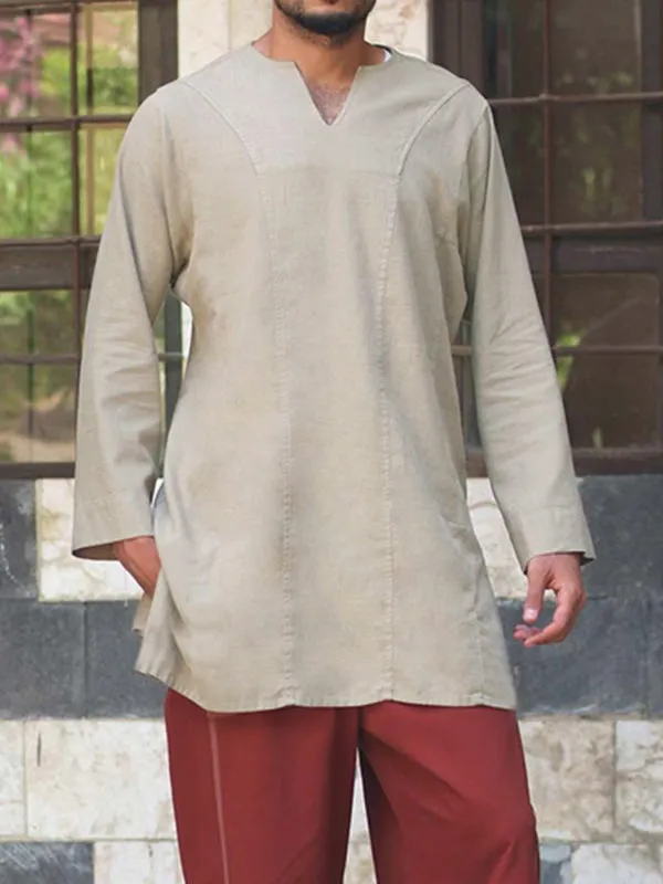 Mens V-Neck Linen Long Sleeve T-Shirts SKUF72896 sold by Incerunmen