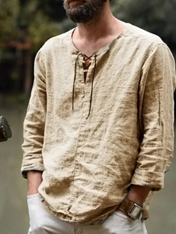 Men's Linen Cotton Long Sleeve Solid Lace Up T-Shirts SKUF61862 sold by Incerunmen