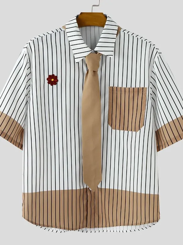 Men's Color Block Striped Tie Short Sleeve Shirt SKUL31818 sold by Incerunmen product image thumbnail 4
