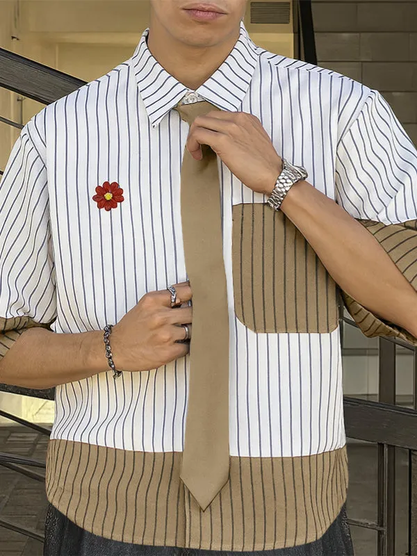 Men's Color Block Striped Tie Short Sleeve Shirt SKUL31818 sold by Incerunmen