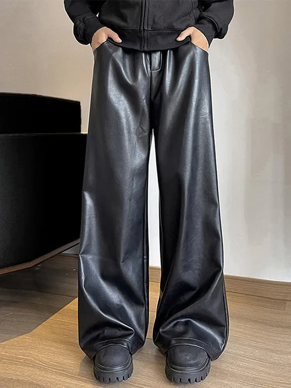 Mens Solid Color Leather Wide-Leg Pant SKUK88078 sold by Incerunmen