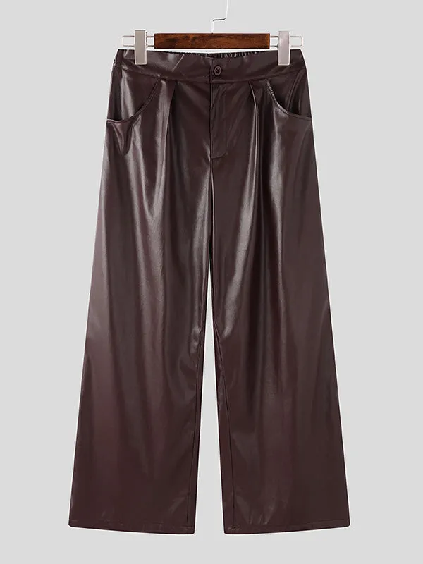 Mens Solid Color Leather Wide-Leg Pant SKUK88078 sold by Incerunmen product image thumbnail 4