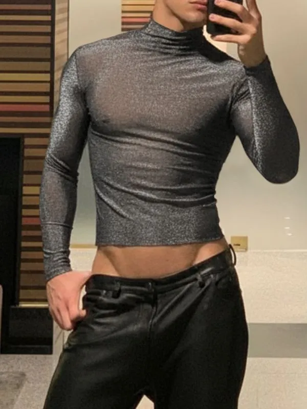 Men's Party Style Shiny Cropped Long Sleeve T-Shirt SKUL37694 sold by Incerunmen