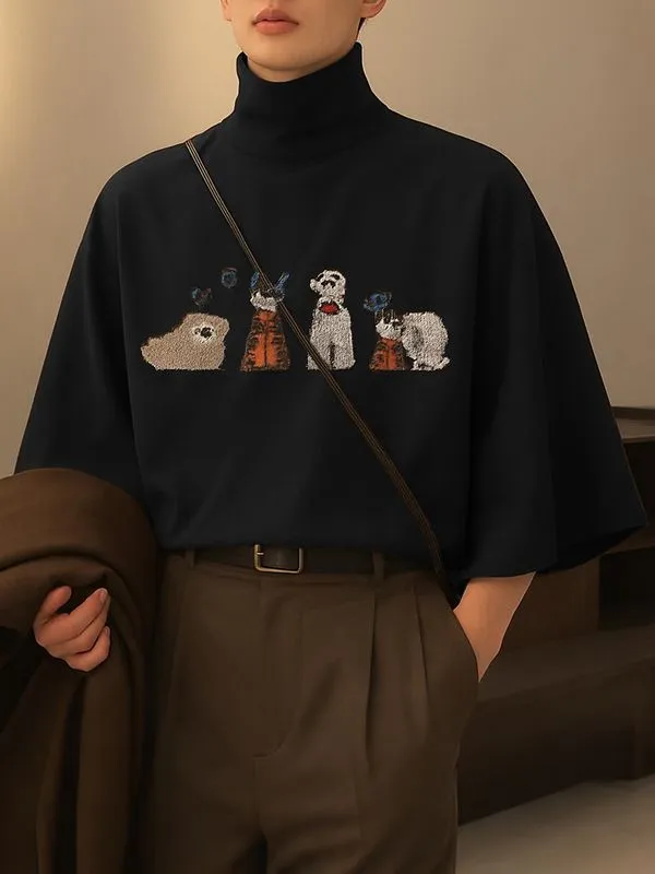 Men's Fun Embroidered High Neck T-Shirt SKUL39008 sold by Incerunmen