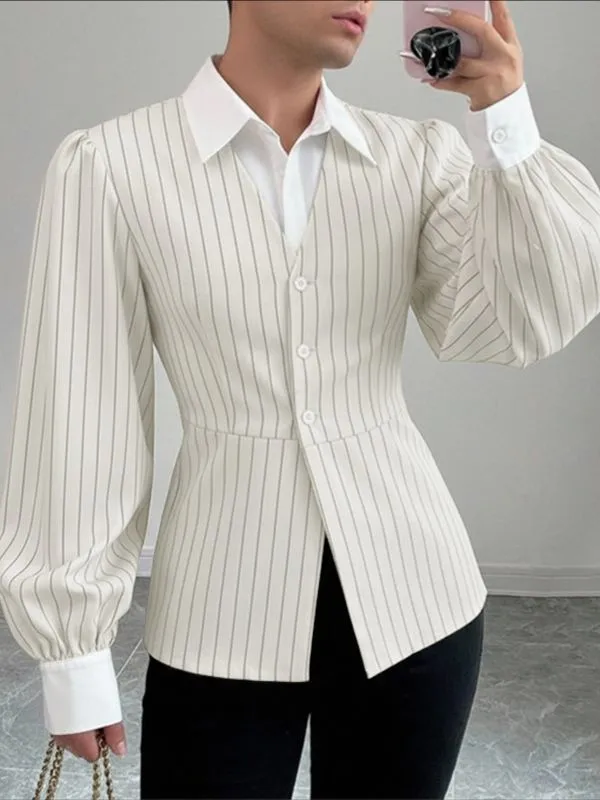 Men's Striped Color Block Cinched Waist Long Sleeve Shirt SKUL41383 sold by Incerunmen
