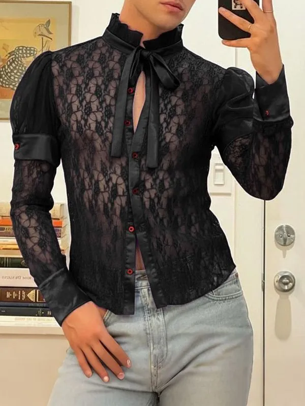 Men's Sheer Lace Puff Sleeve Shirt SKUL39007 sold by Incerunmen