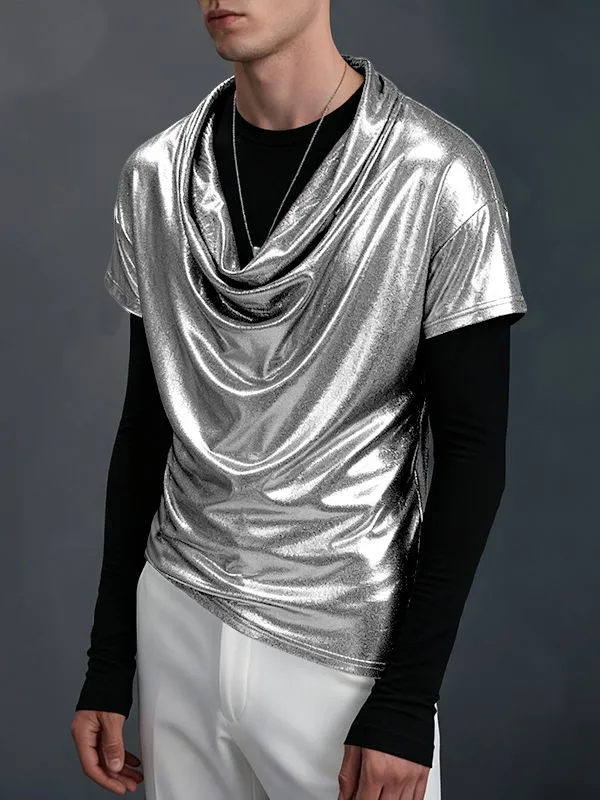 Men's Shiny Cowl Neck Short Sleeve T-Shirt SKUL40150 sold by Incerunmen
