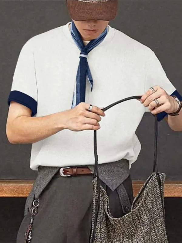 Men's Solid Color Textured Scarf Short Sleeve T-shirt SKUL30510 sold by Incerunmen