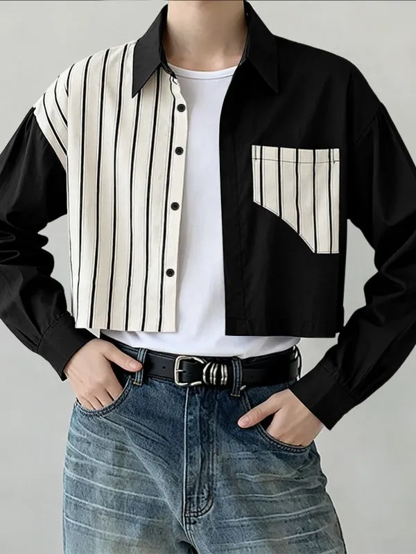 Men's Stripe Patchwork Contrast Color Cropped Short Sleeve Shirt SKUL41292 sold by Incerunmen