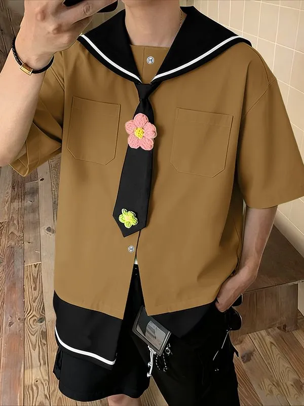 Men's Contrast Color Floral Sailor Collar Tie Shirt SKUL41283 sold by Incerunmen