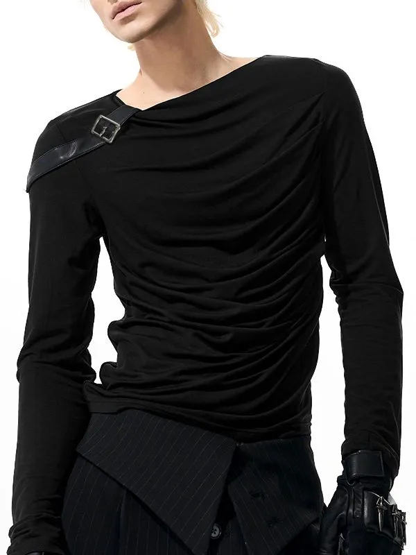 Men's Solid Color Leather Buckle Patchwork Long Sleeve T-shirt SKUL42293 sold by Incerunmen