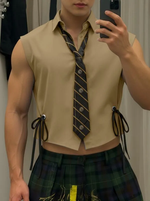 Men's Solid Color Drawstring Tie Cropped Sleeveless Shirt SKUL37675 sold by Incerunmen product image thumbnail 2