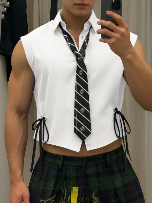 Men's Solid Color Drawstring Tie Cropped Sleeveless Shirt SKUL37675 sold by Incerunmen