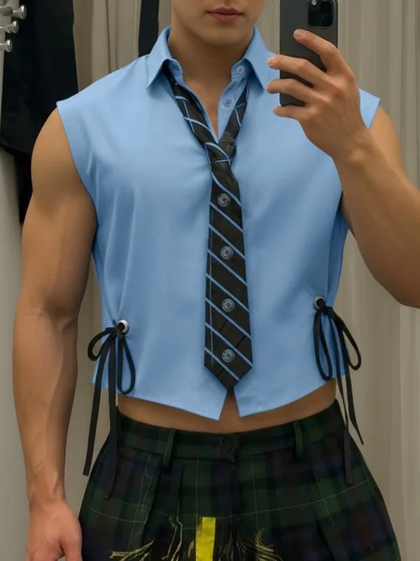 Men's Solid Color Drawstring Tie Cropped Sleeveless Shirt SKUL37675 sold by Incerunmen product image thumbnail 3