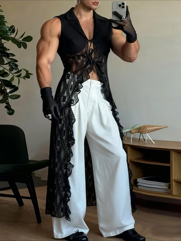 Men's Sheer Lace Patchwork Sleeveless Cardigan SKUL38958 sold by Incerunmen