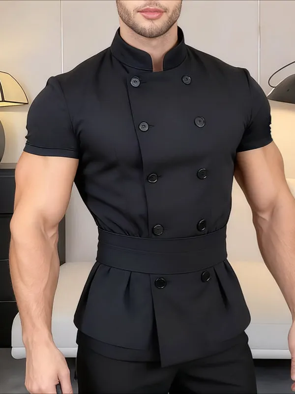 Men's Solid Waist Stand Collar Short Sleeve Shirt SKUL38952 sold by Incerunmen