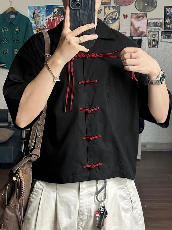 Men's Frog Button Contrast Color Short Sleeve Shirt SKUL45324 sold by Incerunmen