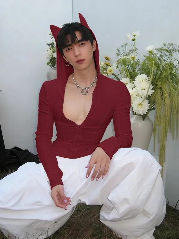 Men's Deconstructed Bat Ear Long Sleeve Zipper T-shirt SKUL35256 sold by Incerunmen product image thumbnail 3