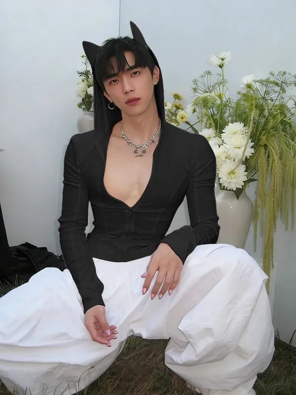 Men's Deconstructed Bat Ear Long Sleeve Zipper T-shirt SKUL35256 sold by Incerunmen