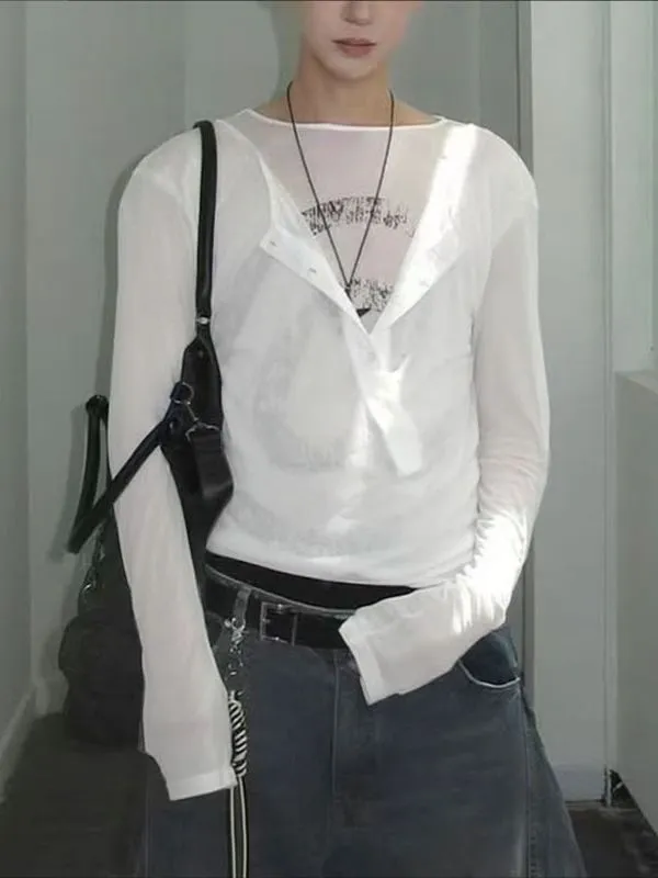 Men's Faux Two Piece Sheer Henley Neck Long Sleeve T-shirt SKUL41302 sold by Incerunmen