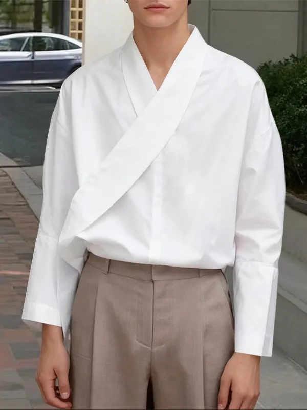 Men's Solid Color Asymmetric Placket Long Sleeve Shirt SKUL46085 sold by Incerunmen