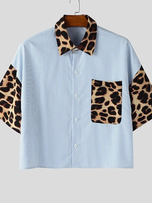 Men's Leopard Patchwork Stripe Short Sleeve Shirt SKUL47624 sold by Incerunmen product image thumbnail 4