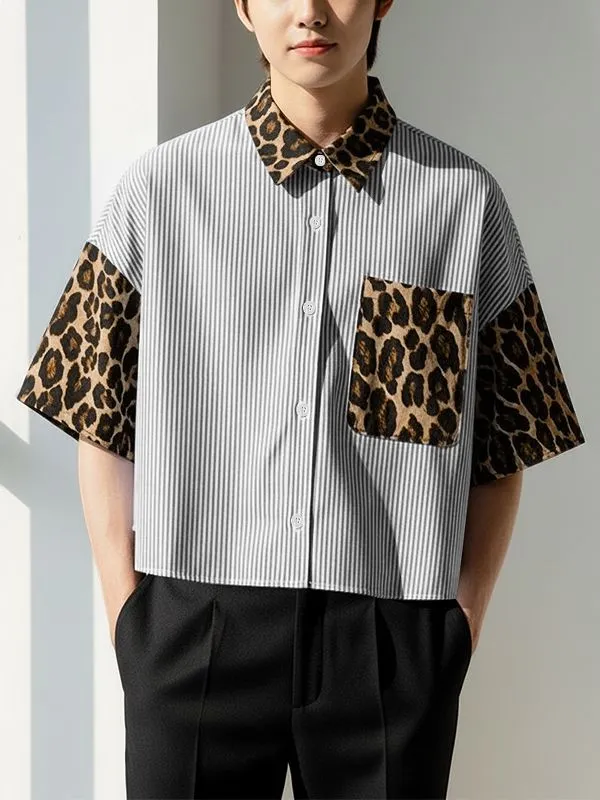Men's Leopard Patchwork Stripe Short Sleeve Shirt SKUL47624 sold by Incerunmen product image thumbnail 3