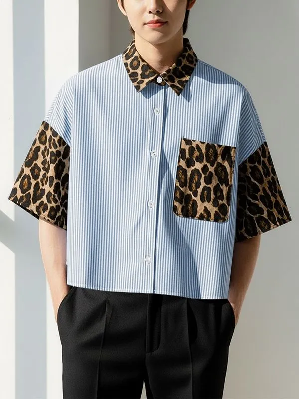 Men's Leopard Patchwork Stripe Short Sleeve Shirt SKUL47624 made by Incerunmen