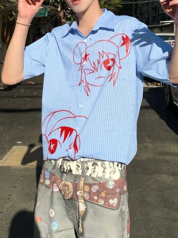 Men's Cartoon Print Stripe Short Sleeve Shirt SKUL46198 sold by Incerunmen