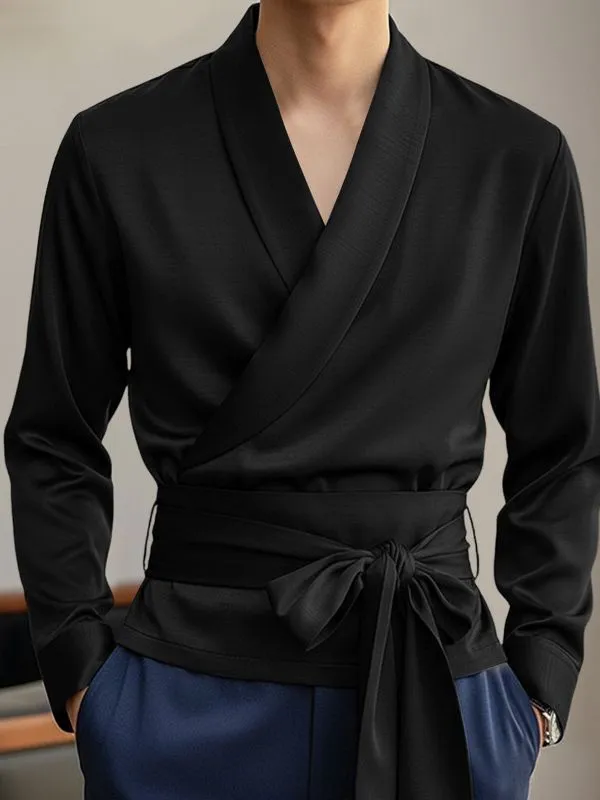 Men's Asymmetrical Placket Lace Up Cinched Waist Long Sleeve Shirt SKUL44020 sold by Incerunmen