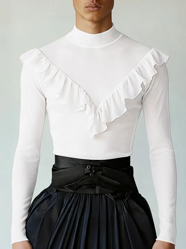 Men's Solid Color Ruffle Edge Patchwork Mock Neck Long Sleeve T-shirt SKUL46283 sold by Incerunmen