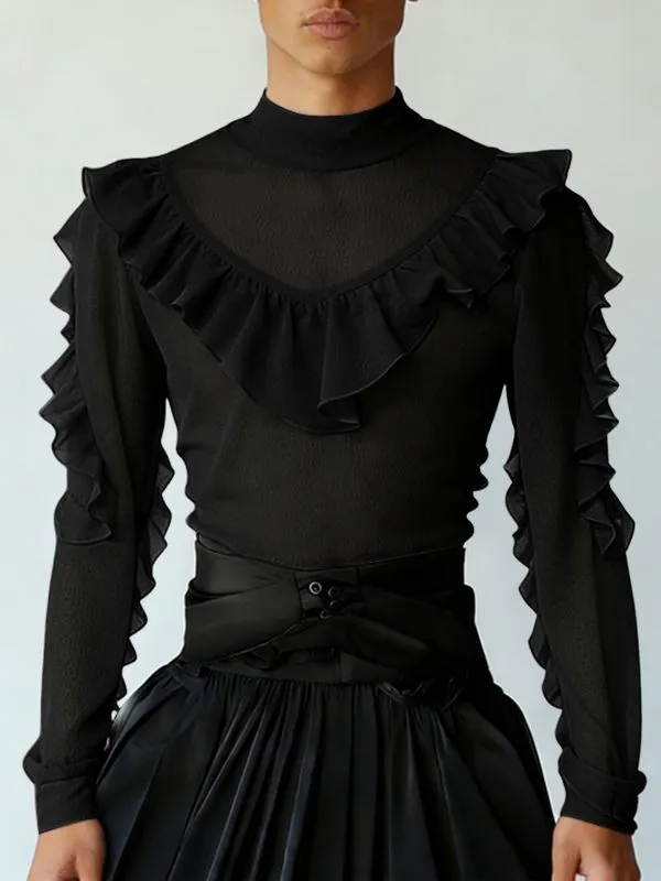 Men's Solid Color Ruffle Bib Long Sleeve T-shirt SKUL46244 sold by Incerunmen