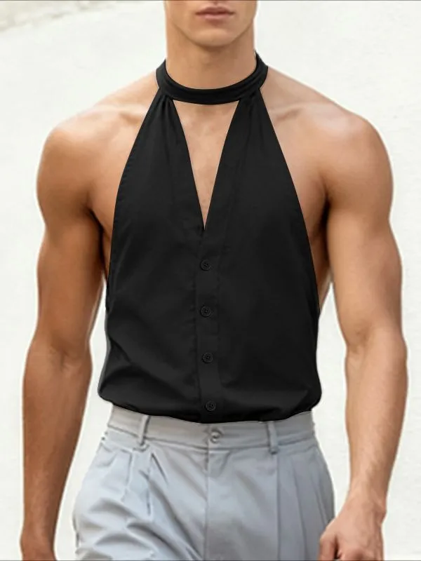 Men's Solid Color Halter Casual Sleeveless Shirt SKUL46164 sold by Incerunmen