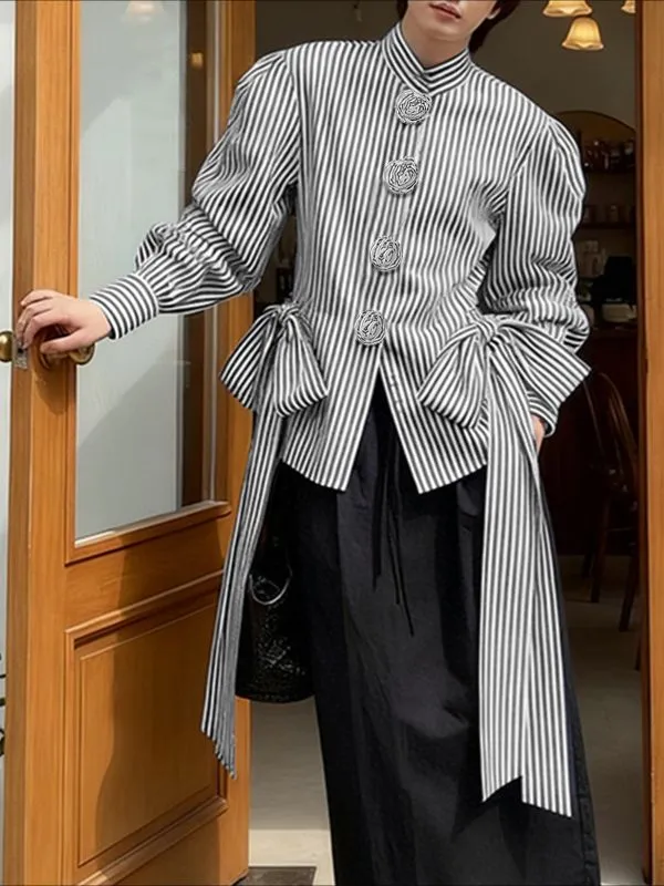 Men's 3D Floral Decor Striped Bow Long Sleeve Shirt SKUL47643 sold by Incerunmen