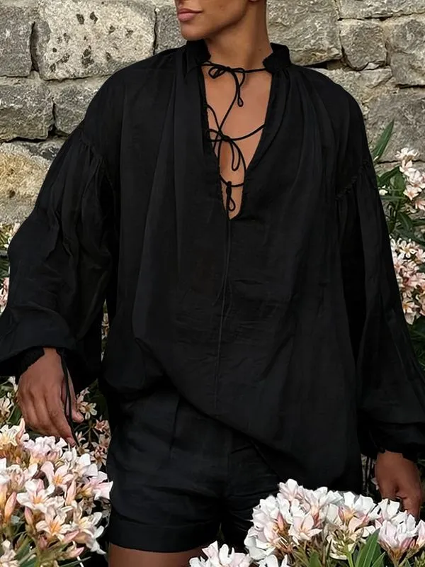 Men's Drawstring Design Ruffle Edge Long Sleeve Shirt SKUL47637 sold by Incerunmen