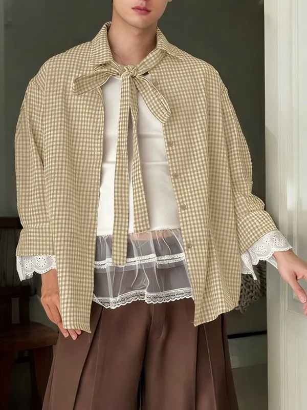 Men's Plaid Bow Long Sleeve Shirt SKUL45417 sold by Incerunmen