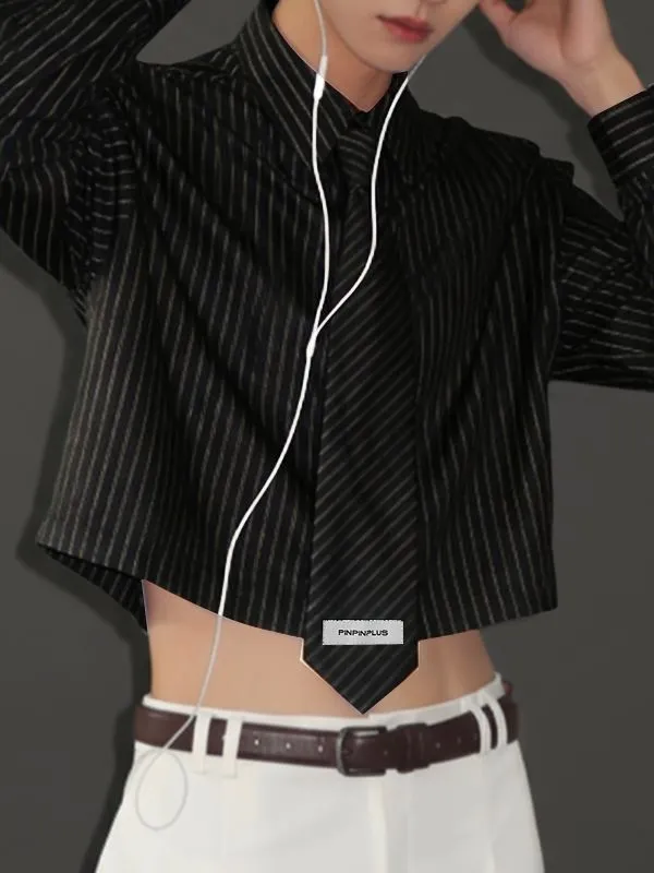 Men's Striped Tie Cropped Long Sleeve Shirt SKUL47902 sold by Incerunmen