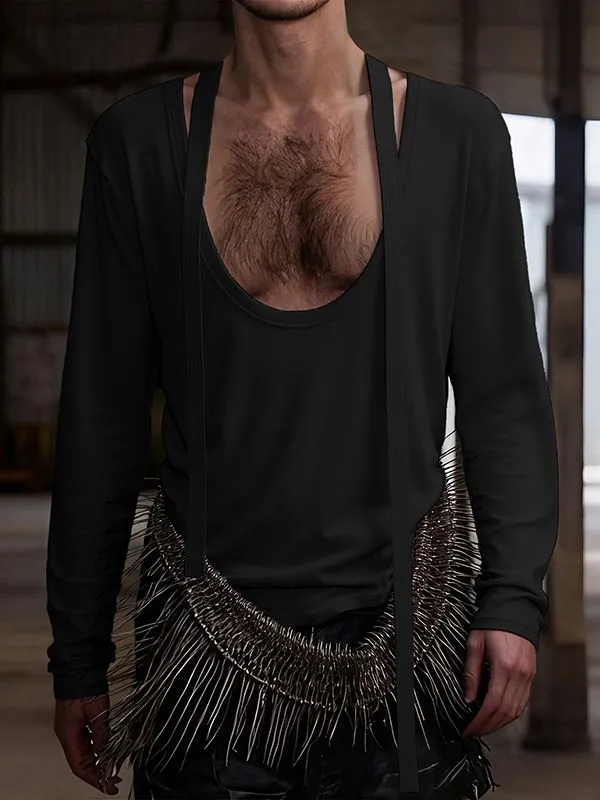 Men's Ribbon Patchwork Padded Shoulder Long Sleeve T-shirt SKUL42447 sold by Incerunmen