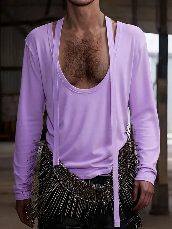 Men's Ribbon Patchwork Padded Shoulder Long Sleeve T-shirt SKUL42447 sold by Incerunmen product image thumbnail 3