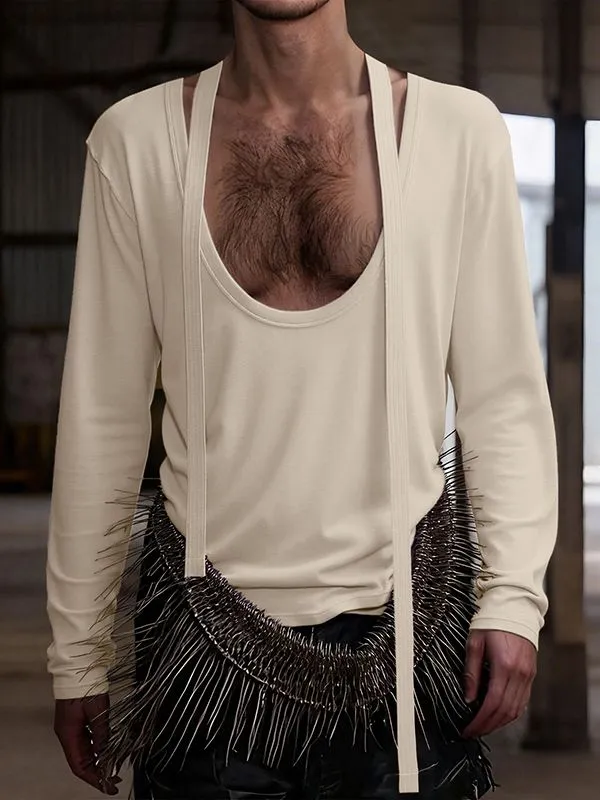 Men's Ribbon Patchwork Padded Shoulder Long Sleeve T-shirt SKUL42447 sold by Incerunmen product image thumbnail 2