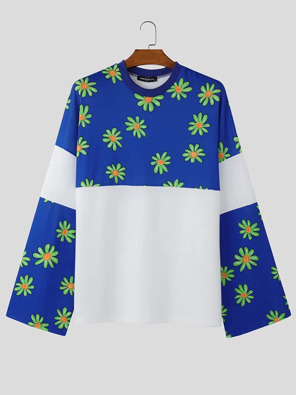 Mens Daisy Print Patchwork Long Sleeve T-Shirt SKUK80423 sold by Incerunmen product image thumbnail 4