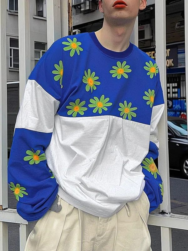 Mens Daisy Print Patchwork Long Sleeve T-Shirt SKUK80423 made by Incerunmen