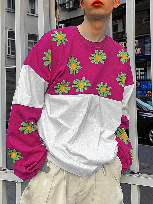 Mens Daisy Print Patchwork Long Sleeve T-Shirt SKUK80423 sold by Incerunmen product image thumbnail 3